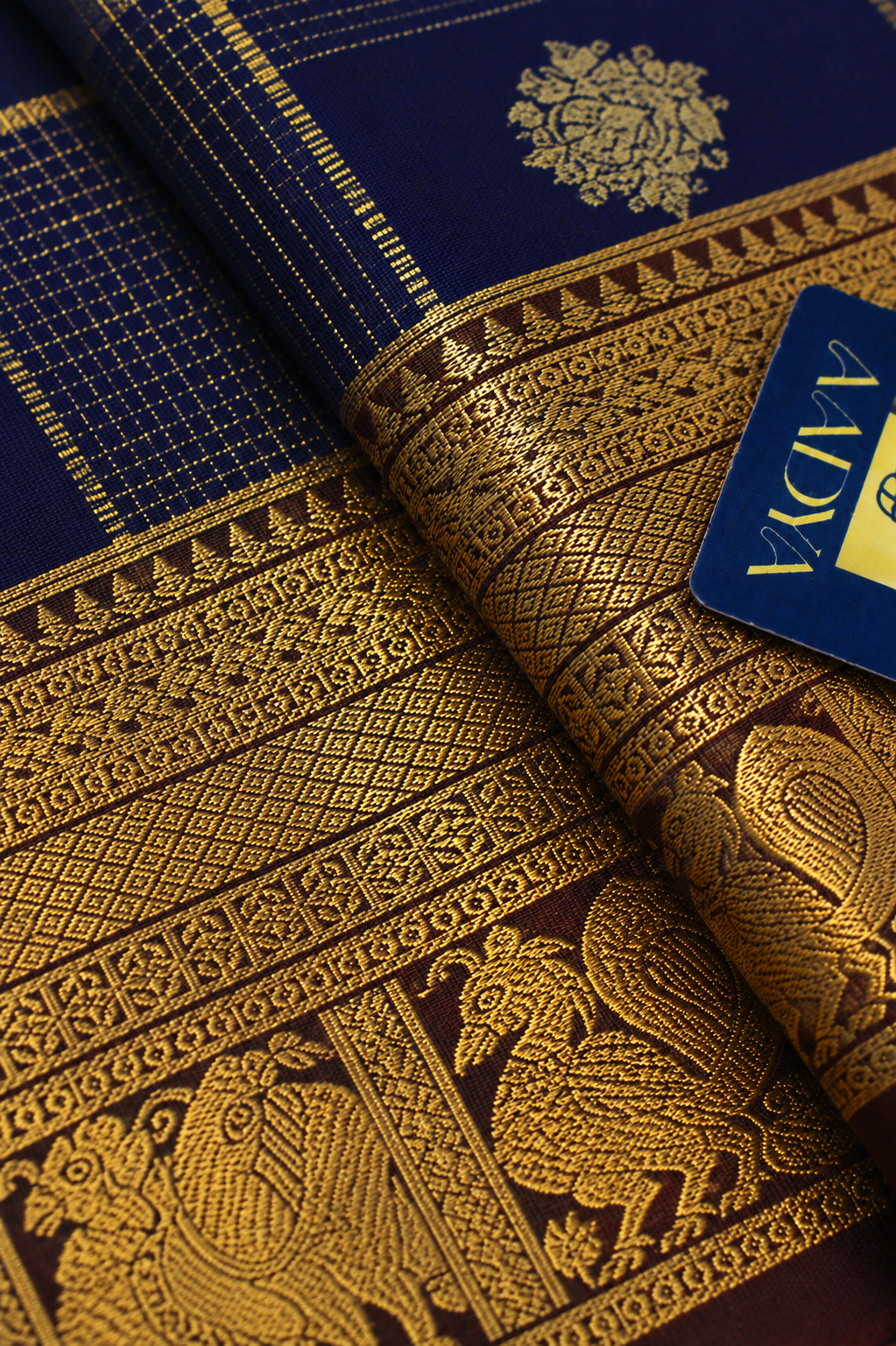 Navy Blue Kanchivaram Silk Saree with Zari Checks & Flower Buttis