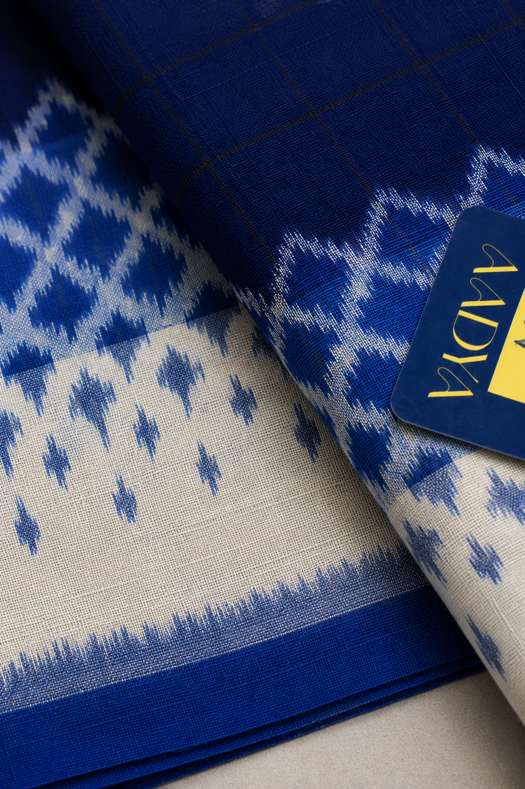 Navy Blue & Black Puttapaka Ikkat Cotton Saree with Checks, Lines & Blue Design Pallu