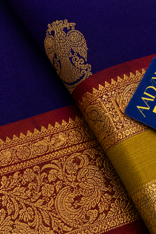 Deep Purple Kanchivaram Silk Saree with Gold Zari Gandaberunda Motifs
