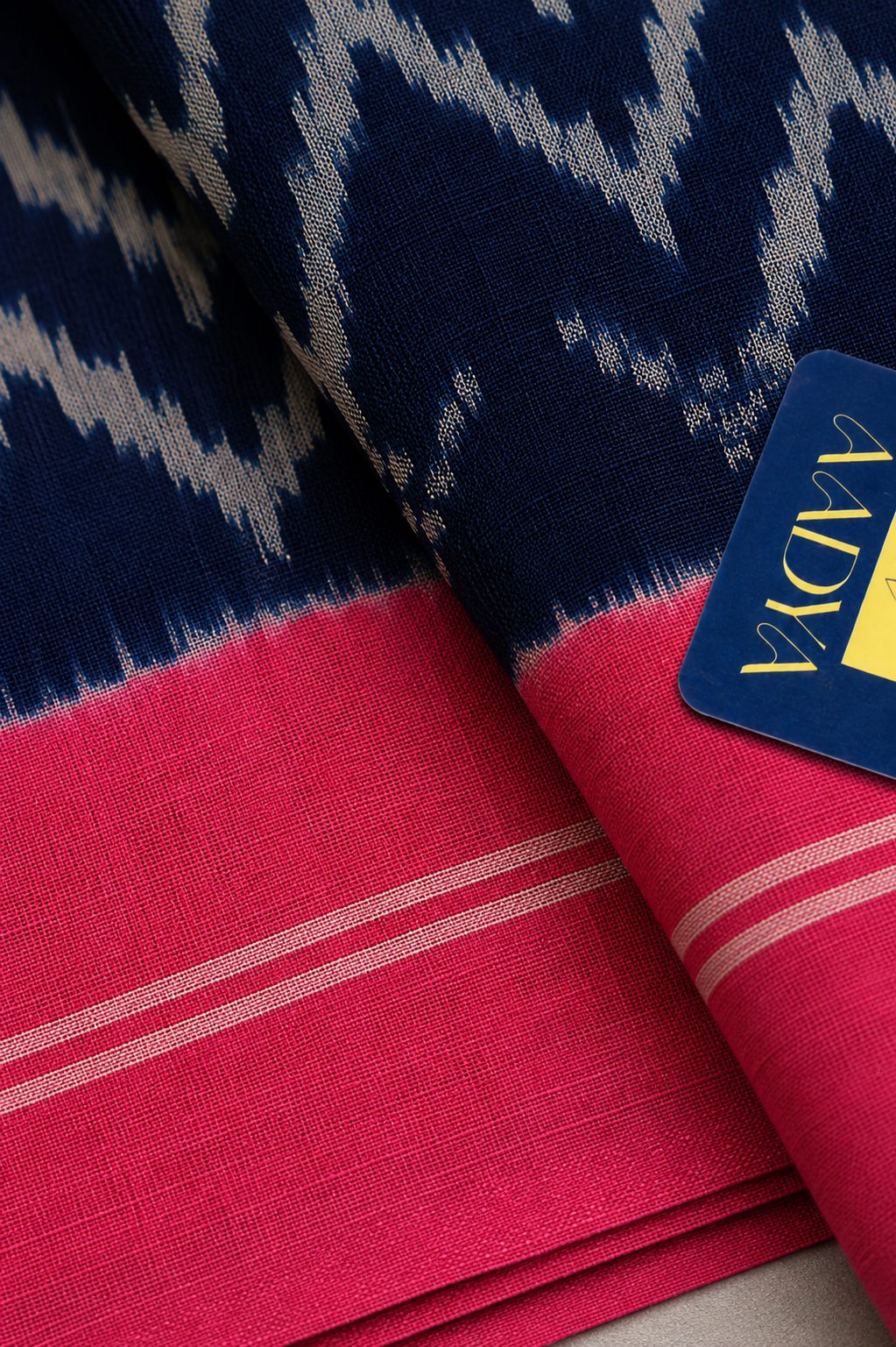 Navy Blue Puttapaka Ikkat Eri Silk Saree with Wave Design, Pink Border & Ikkat Pallu