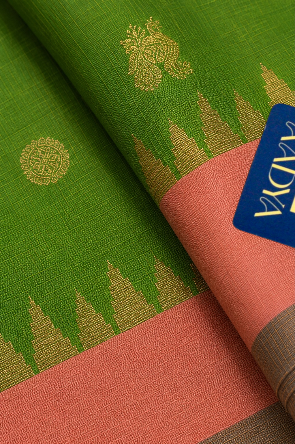 Parrot Green Gadwal Silk Saree with Peacock Round Zari Buttis, Pink Border & Zari Work Pallu