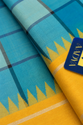 Light Blue Kanchivaram Silk Saree with Silver Zari Checks & Yellow Border
