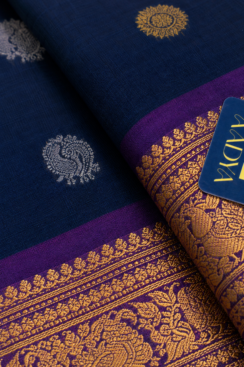 Navy Blue Gadwal Silk Saree with Peacock & Flower Zari Buttis, Magenta Horse & Peacock Border