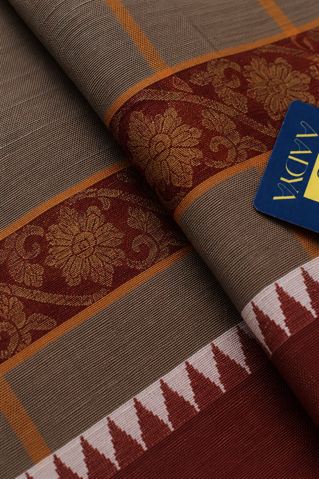 Grey Narayanpet Cotton Saree with Flower Thread-Work Border