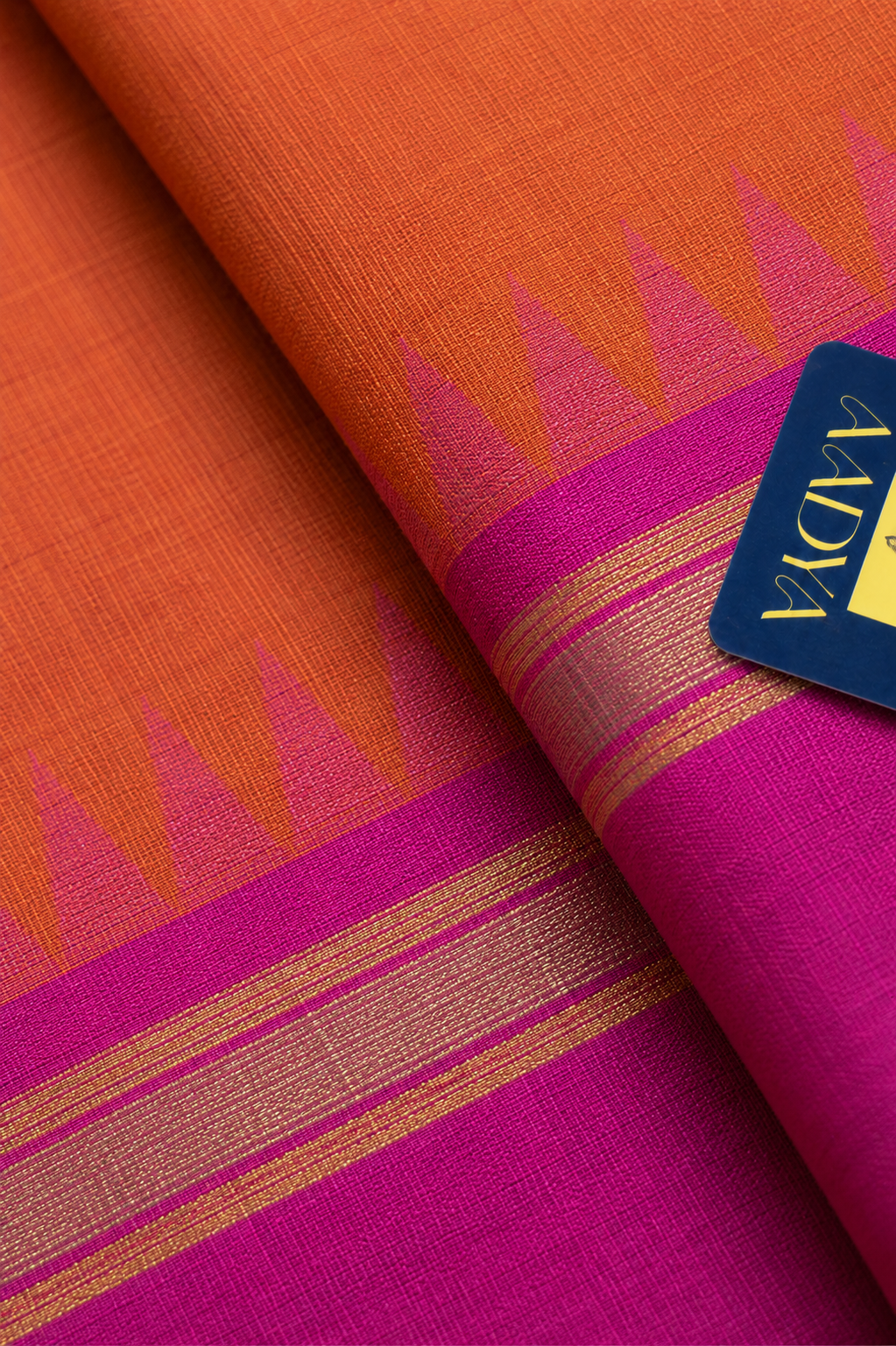 Orange Ponduru Khadi Cotton Saree with Pink Gap Border & Silver Zari Lines