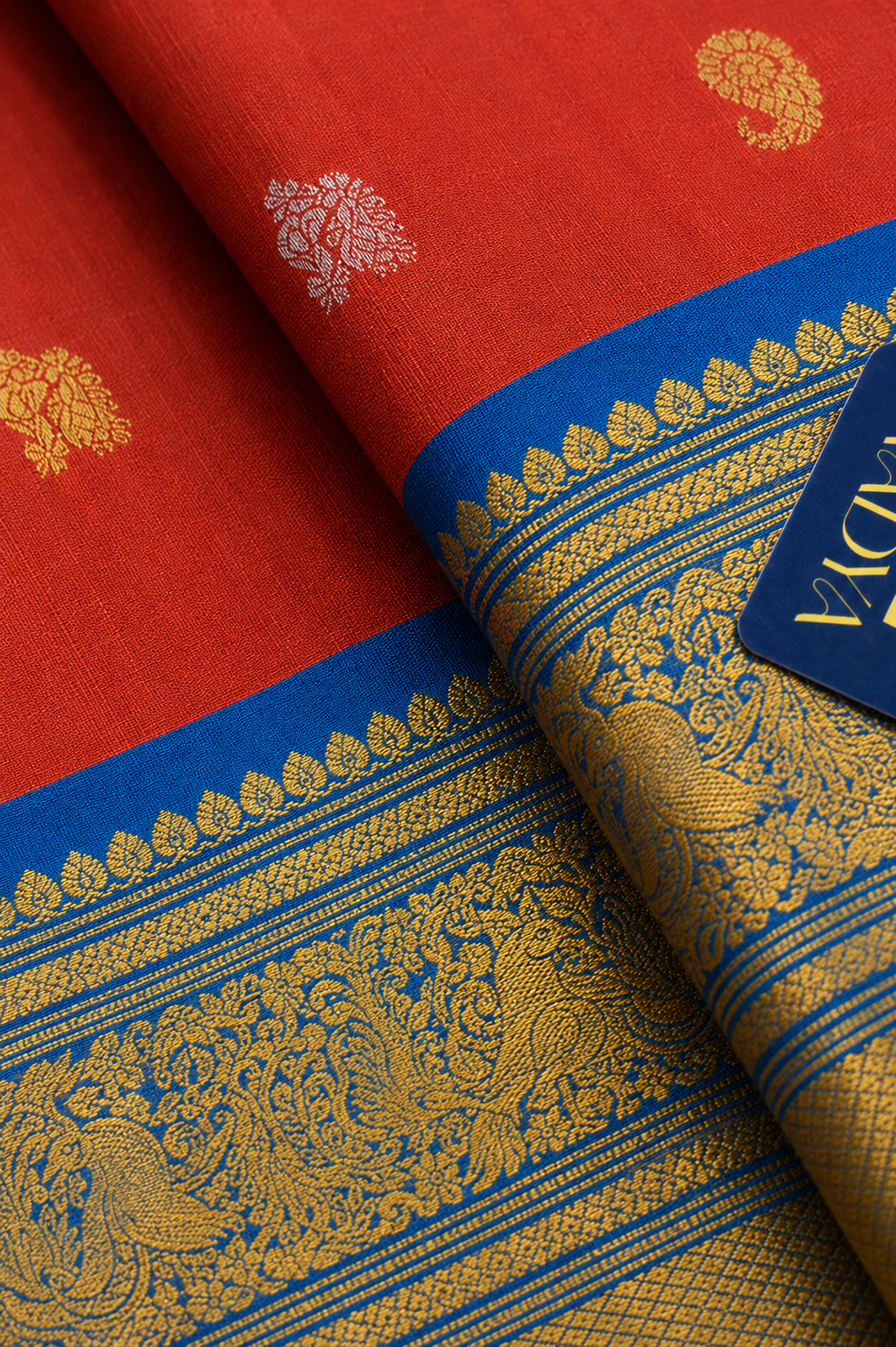 Brick Red Gadwal Silk Saree with Gold & Silver Peacock and Mango Buttis, Teal Blue Zari Border
