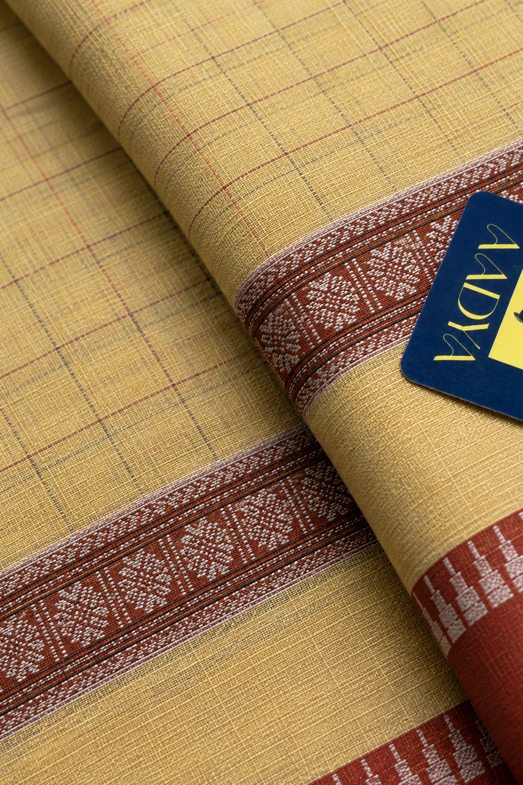Butter Yellow Narayanpet Cotton Saree with Rust Orange Gap Border & Blue Pallu Lines