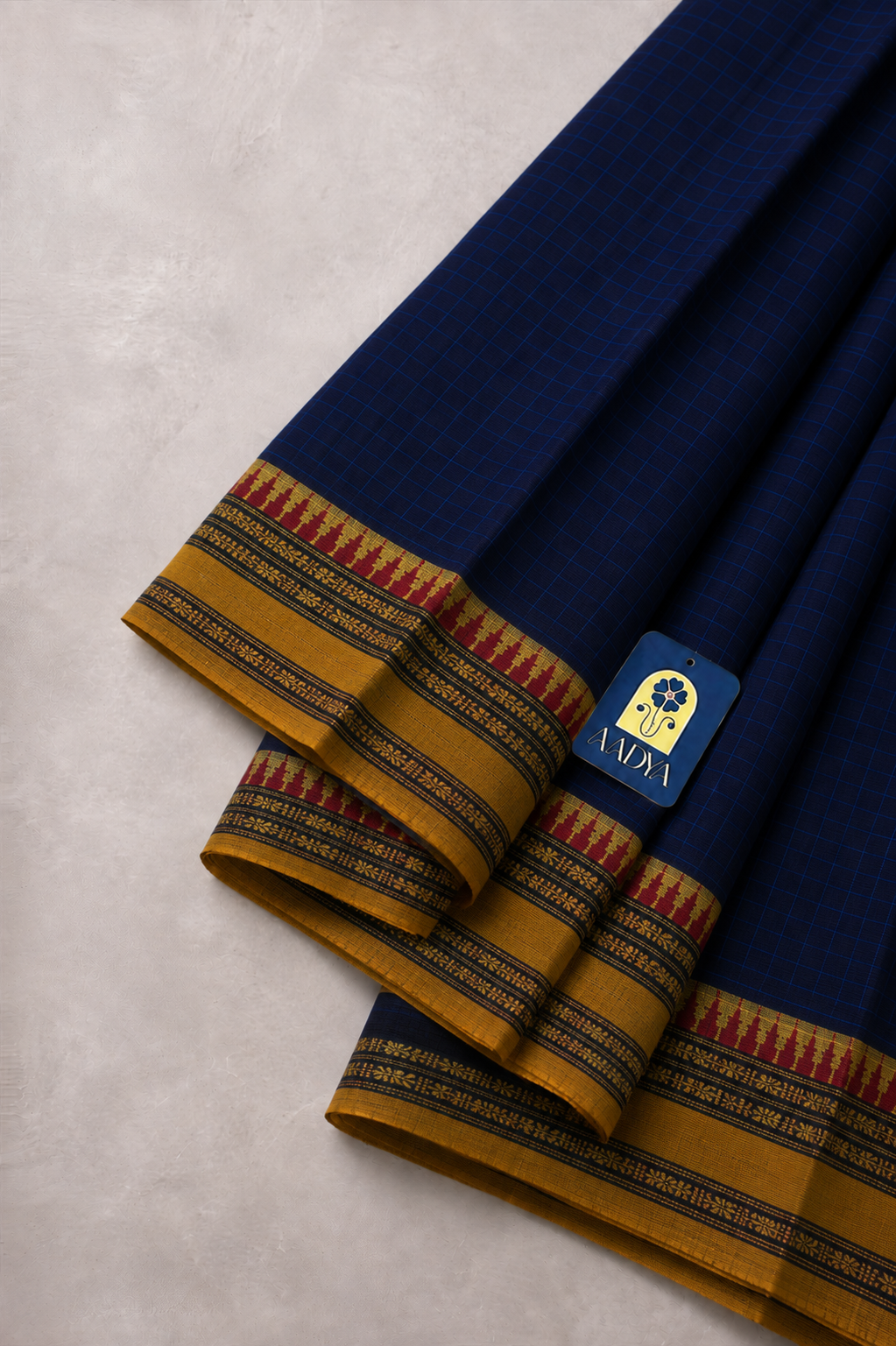 Navy Blue Narayanpet Cotton Saree with Zari Temple Motifs