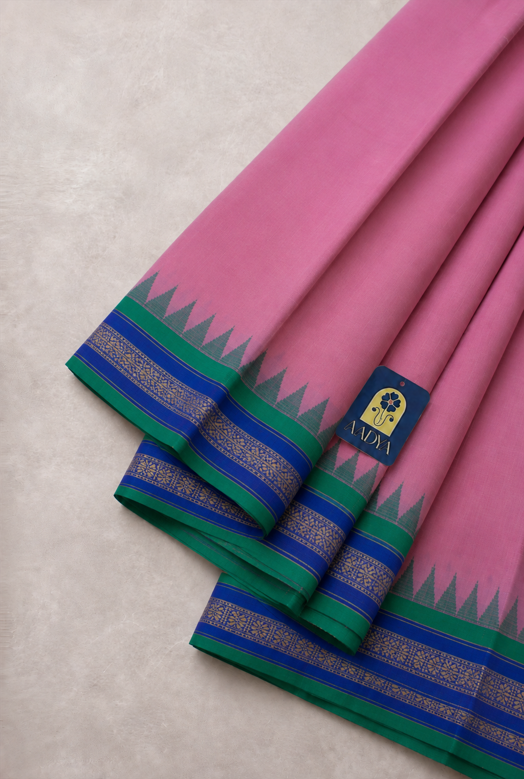 Rose Pink Ponduru Khadi Cotton Saree with Blue Border & Zari Pallu