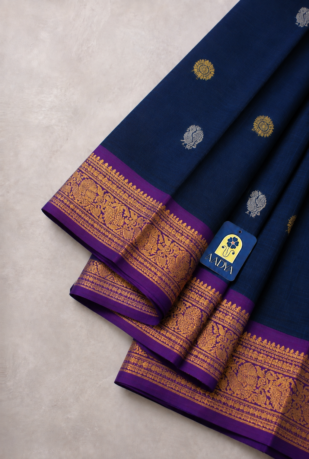 Navy Blue Gadwal Silk Saree with Peacock & Flower Zari Buttis, Magenta Horse & Peacock Border