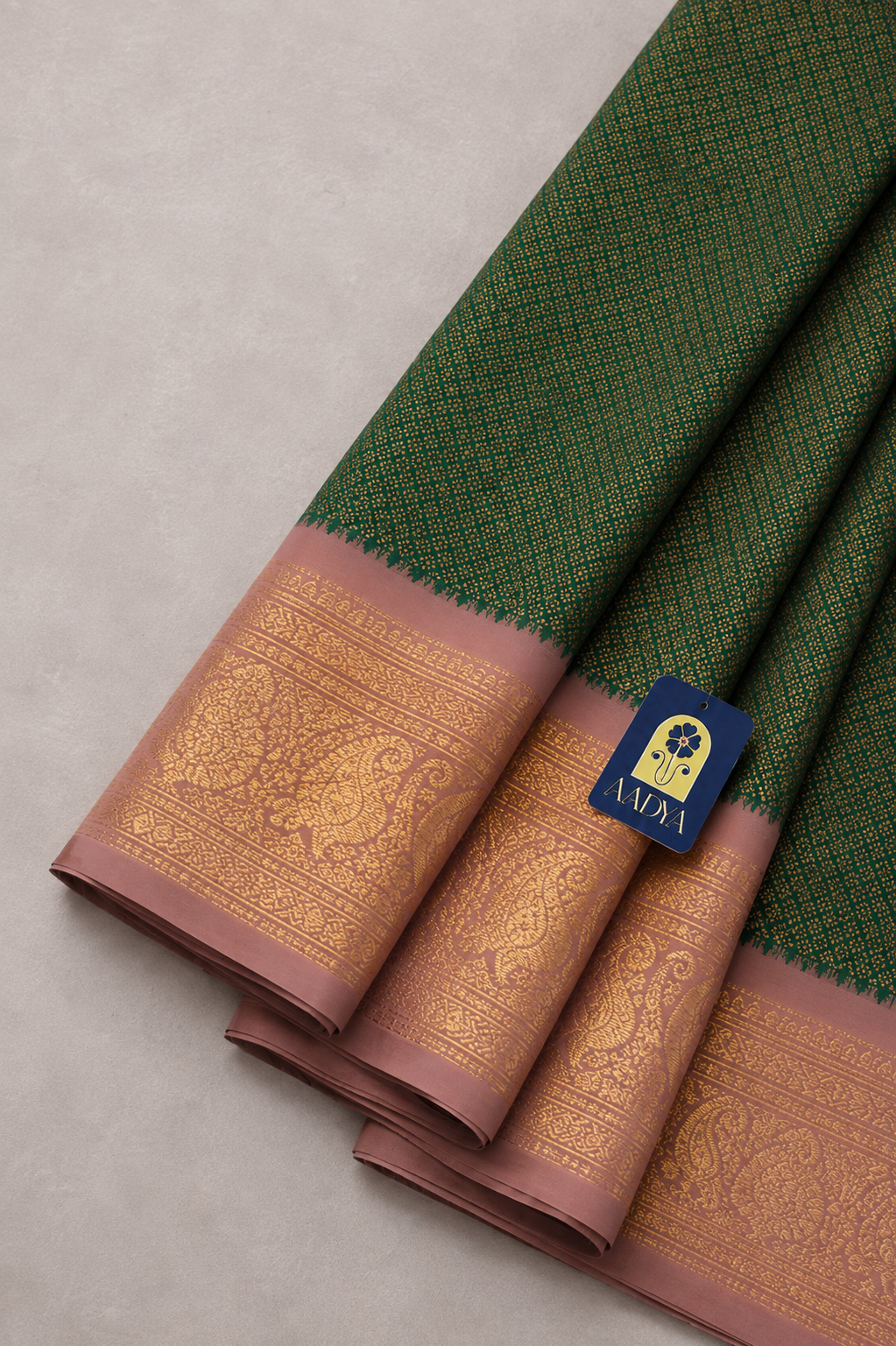 Green Gadwal Silk Saree with Diamond-Shaped Zari Design and Baby Pink Bird Motif Border