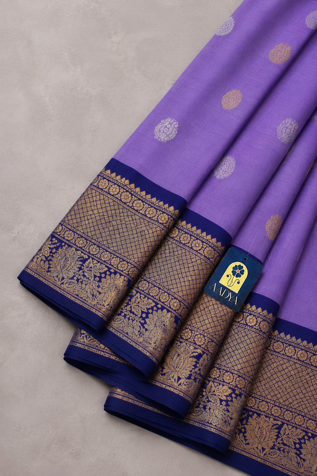 Lavender Gadwal Sico Saree with Silver & Gold Peacock and Floral Buttis, Navy Blue Zari Border