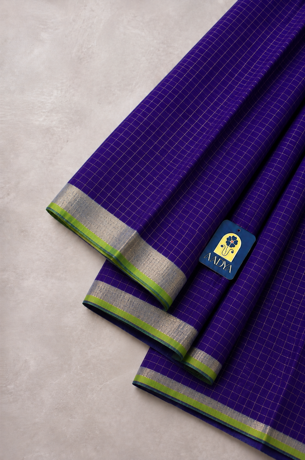 Purple Mangalgiri Sico Saree with Silver Checks & Green Zari Border