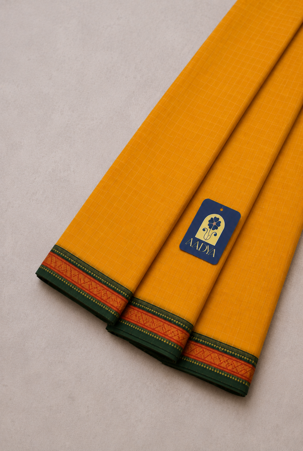 Yellow & Light Yellow Narayanpet Cotton Saree with Green & Red Zari Border
