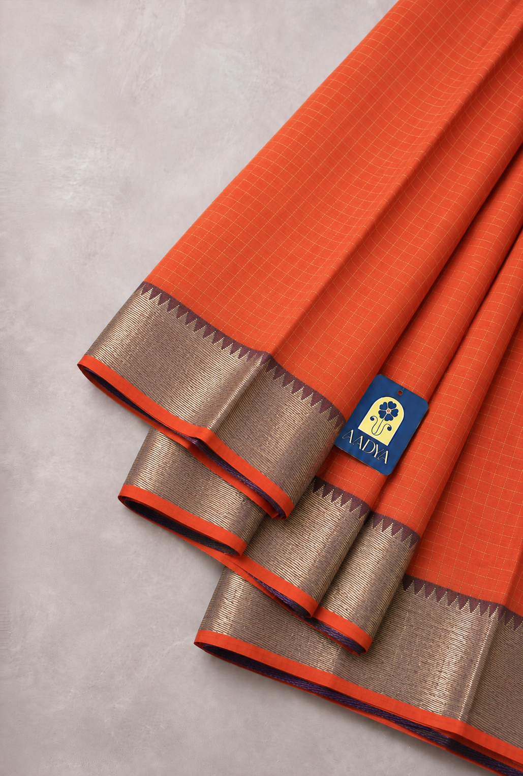 Peach Mangalgiri Sico Saree with Checks & Purple Silver Zari Border