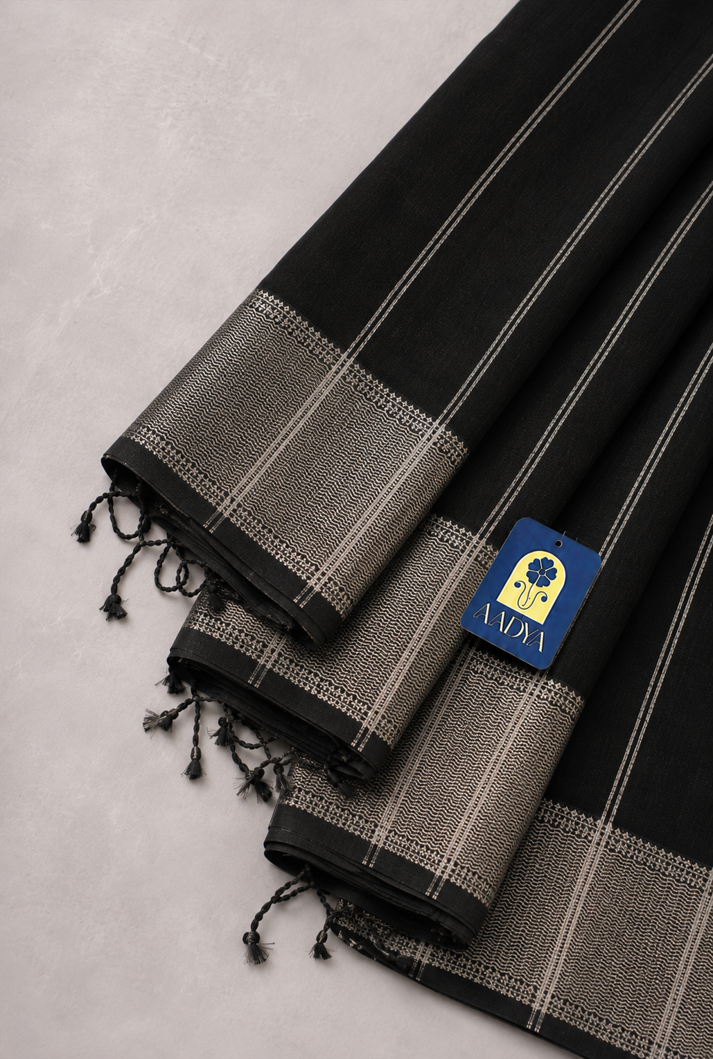 Black Maheshwari Silk Saree with Silver Zari Border & Striped Pallu