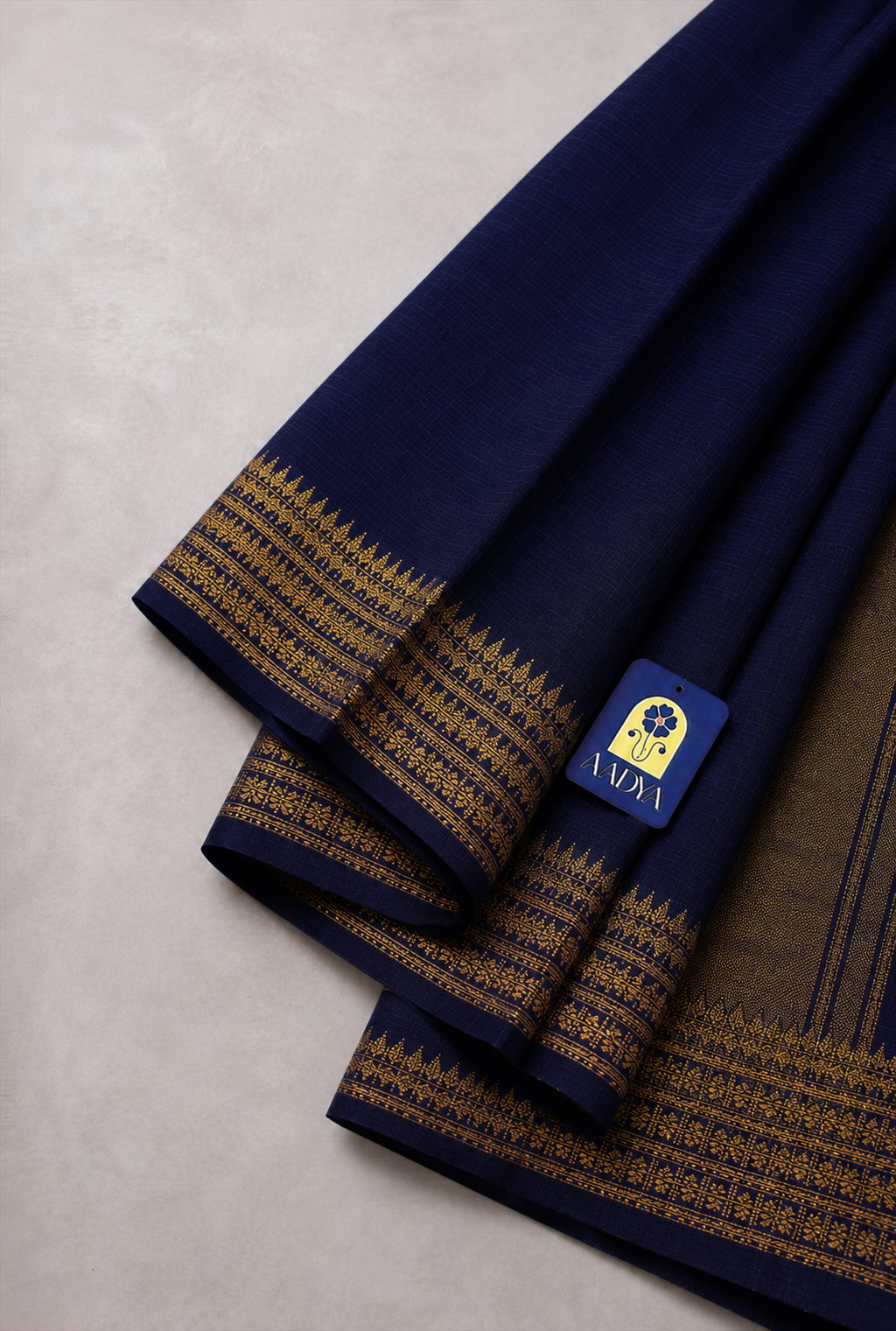Navy Blue Mangalgiri Cotton Saree with Zari Border & Zari Lines Pallu