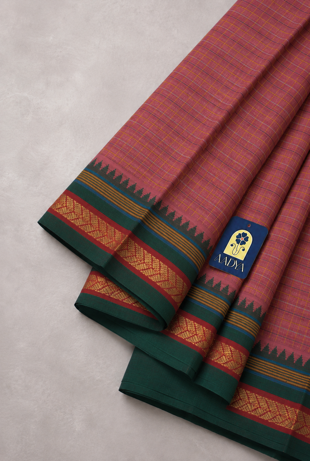 Rose Pink Narayanpet Cotton Saree with Dark Green Border, Red Zari & Green-Yellow Pallu