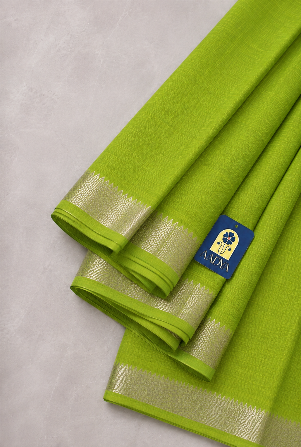 Parrot Green Mangalgiri Sico Saree with Silver Zari Border & Striped Pallu