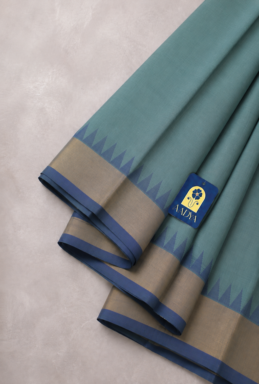 Pista Green Ponduru Khadi Cotton Saree with Gold Zari Border & Blue-Grey Selvage