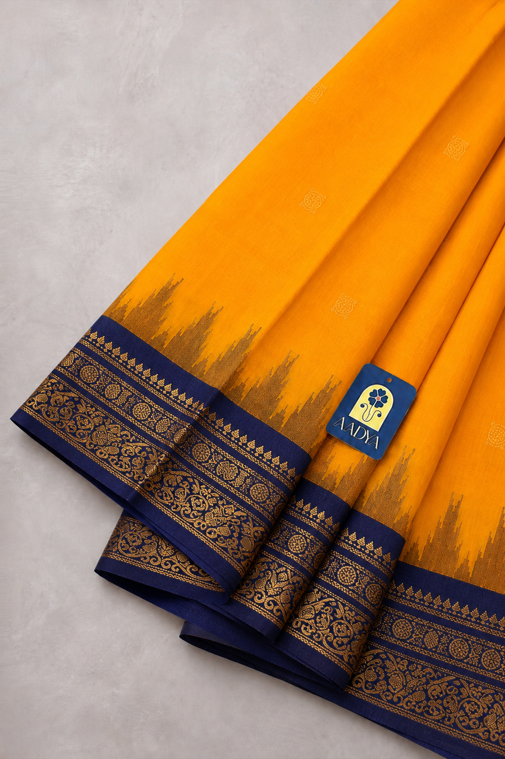 Yellow Gadwal Silk Saree with Zari Buttis & Navy Blue Floral Zari Border