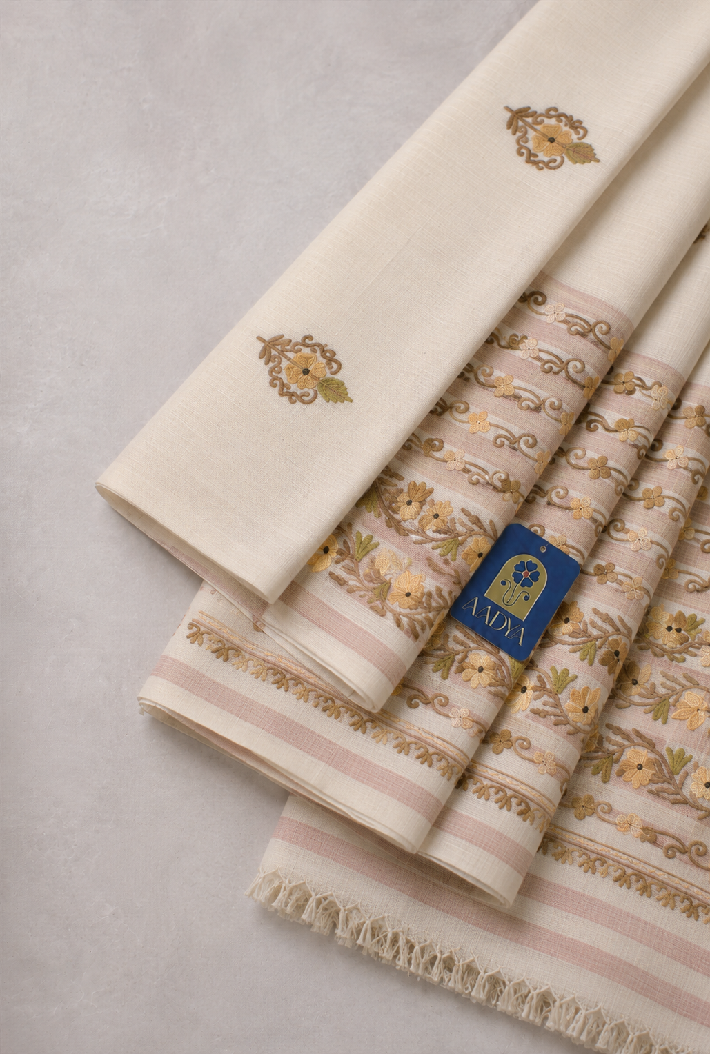 Cream Khadi Cotton Saree with Floral Kashmir Work & Pink Lines Design