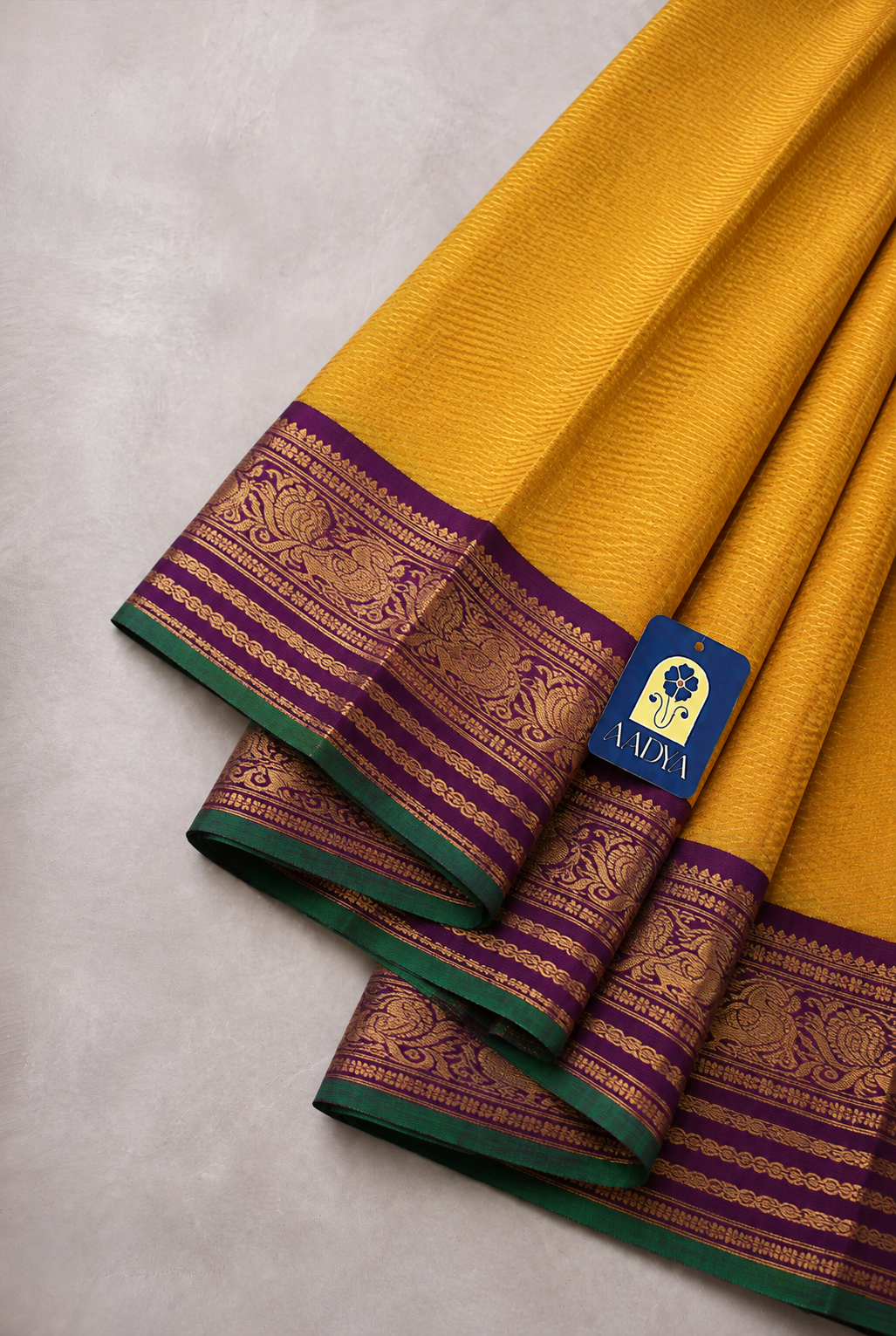 Yellow Gadwal Twill Silk Saree with 2GM Gold Zari & Rani Pink Bird Zari Border