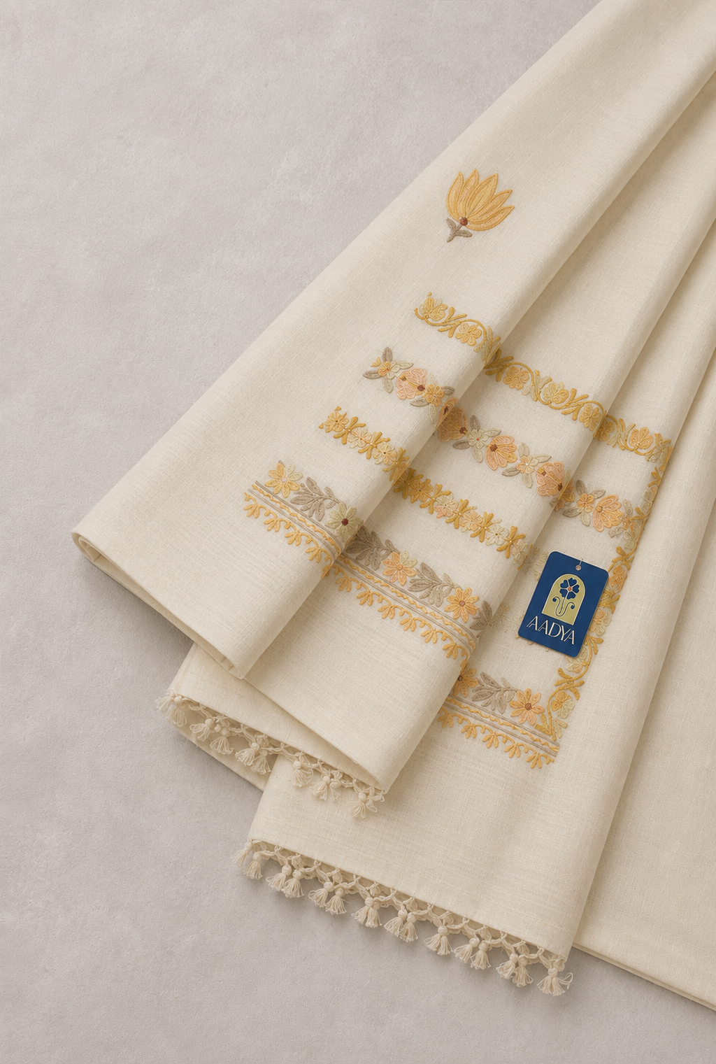White Khadi Cotton Saree with Floral Kashmir Work & Detailed Pallu
