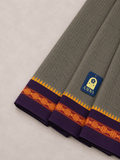 Grey Narayanpet Cotton Saree with Purple Thread-Work Border