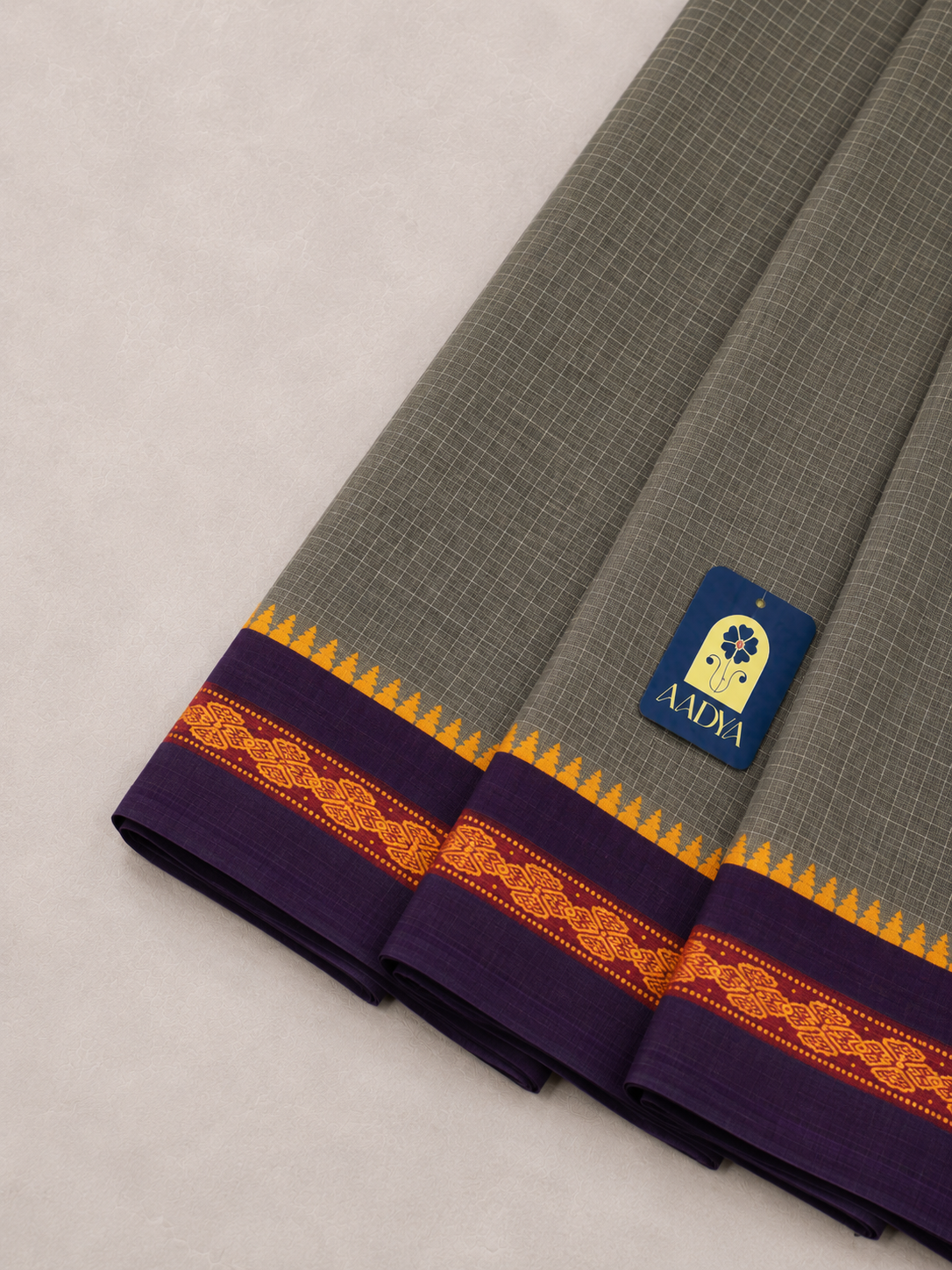 Grey Narayanpet Cotton Saree with Purple Thread-Work Border