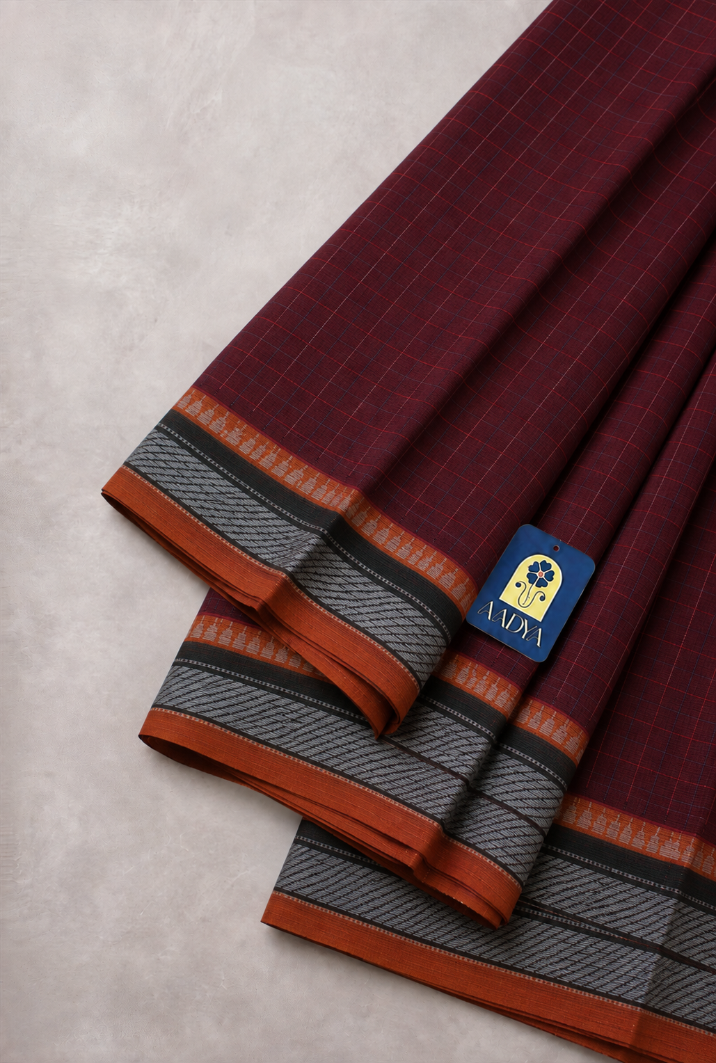 Maroon Narayanpet Cotton Saree with Orange Temple Geometric Border & Yellow Pallu