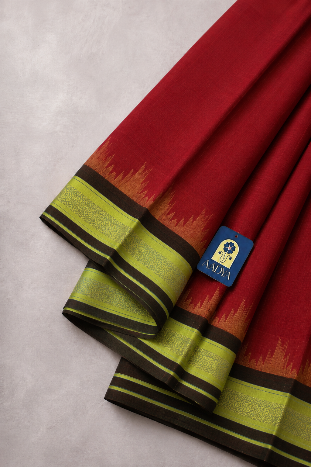 Pinkish Red Ponduru Khadi Cotton Saree with Neon Yellow Zari Border