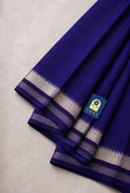 Navy Blue Mangalgiri Sico Saree with Silver Zari Border & Striped Pallu