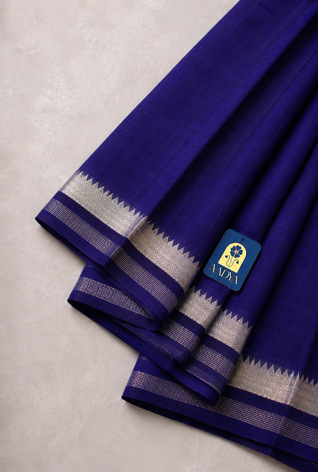Navy Blue Mangalgiri Sico Saree with Silver Zari Border & Striped Pallu