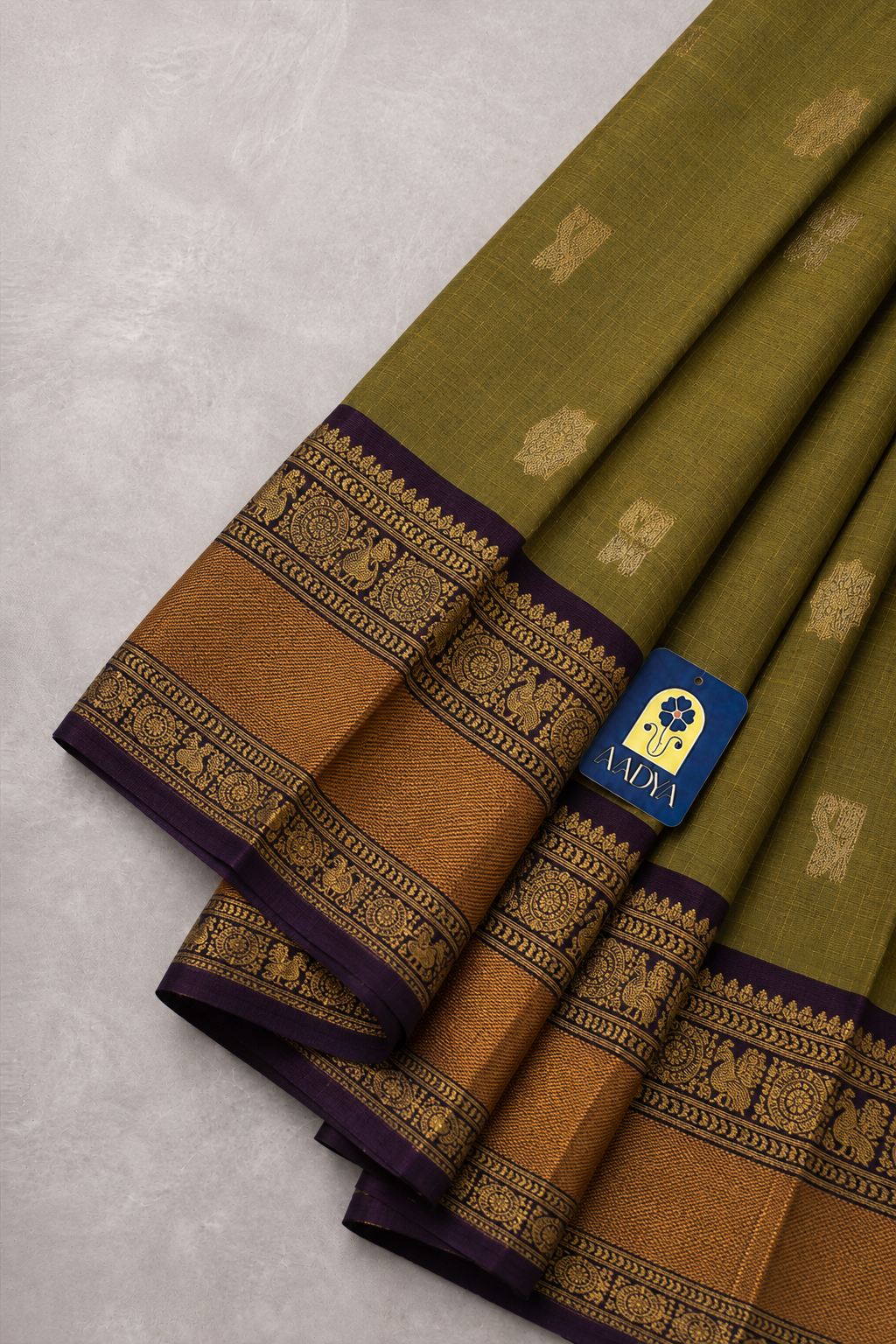 Mehandi Green Gadwal Sico Saree with Zari Buttis & Gold Zari Pallu