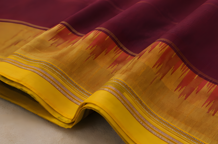 Maroon Ilkal Cotton Saree with Yellow Viscose Rayon Border