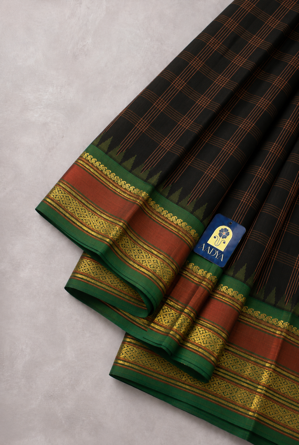 Black and Orange Gadwal Silk Saree with Checks, Temple Design & Ganga Jamuna Zari Border