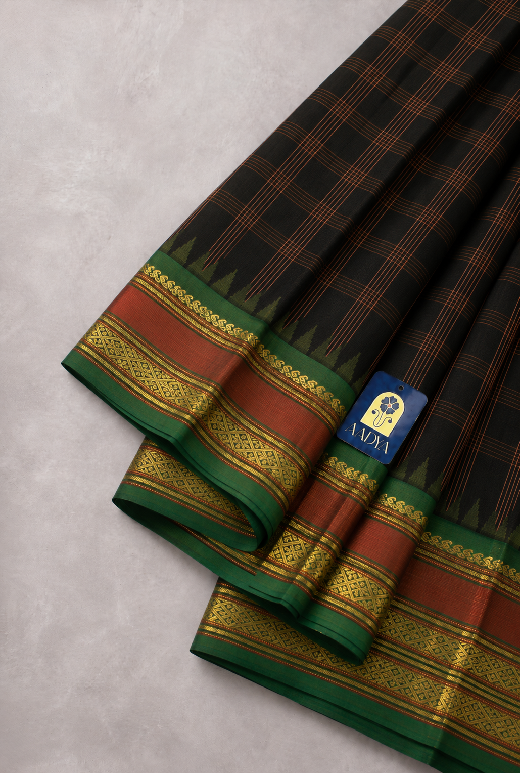 Black and Orange Gadwal Silk Saree with Checks, Temple Design & Ganga Jamuna Zari Border