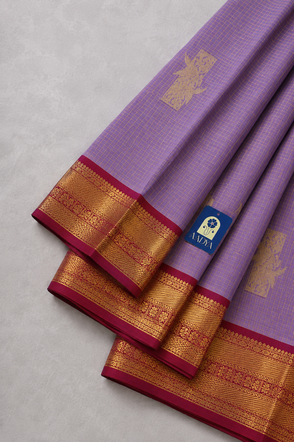 Onion Pink Dharmavaram Silk Saree with Pillar Zari Buttis, Checks & Maroon Gold Zari Border