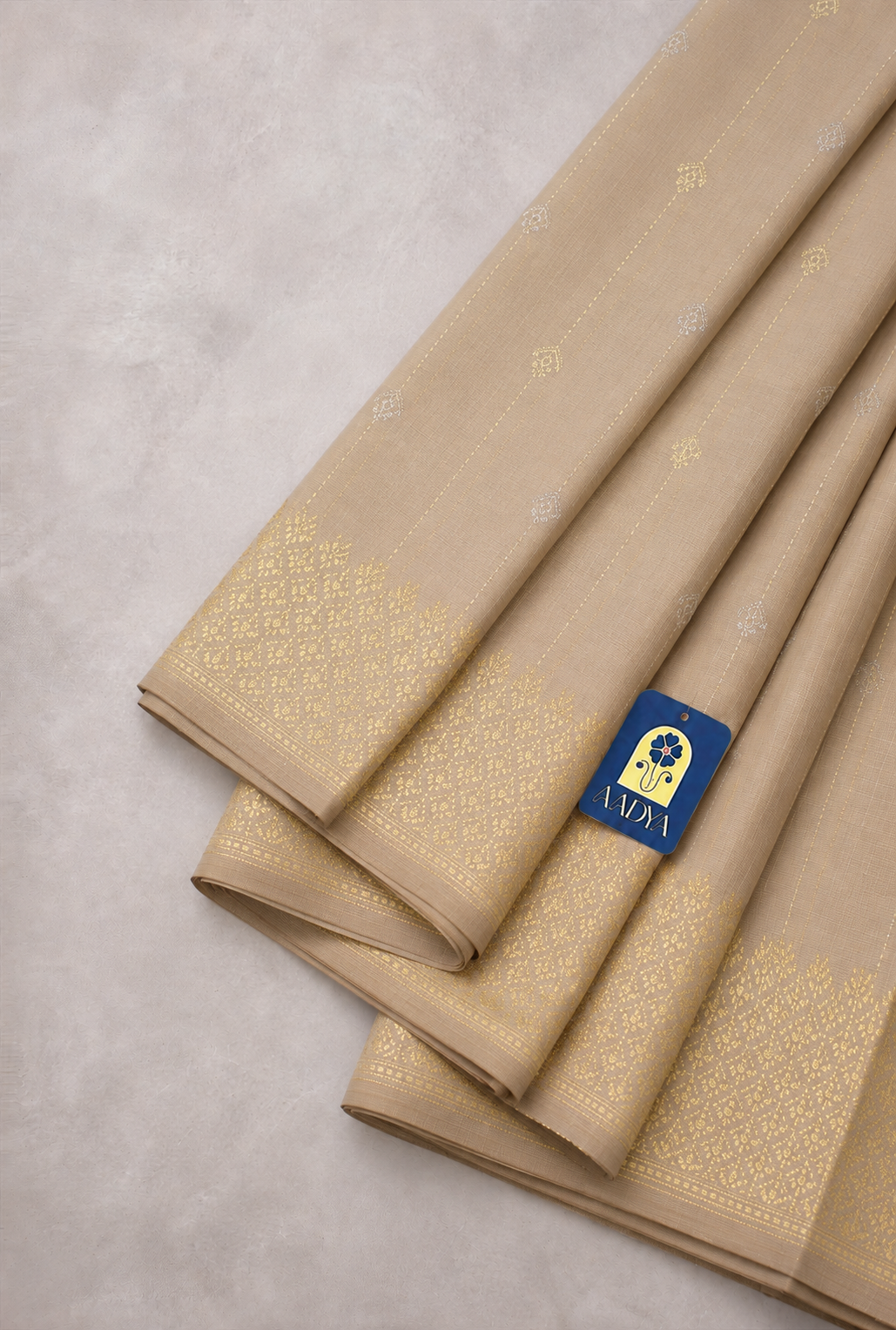 Light Beige Banaras Silk Saree with Lotus & Bird Silver-Gold Buttis