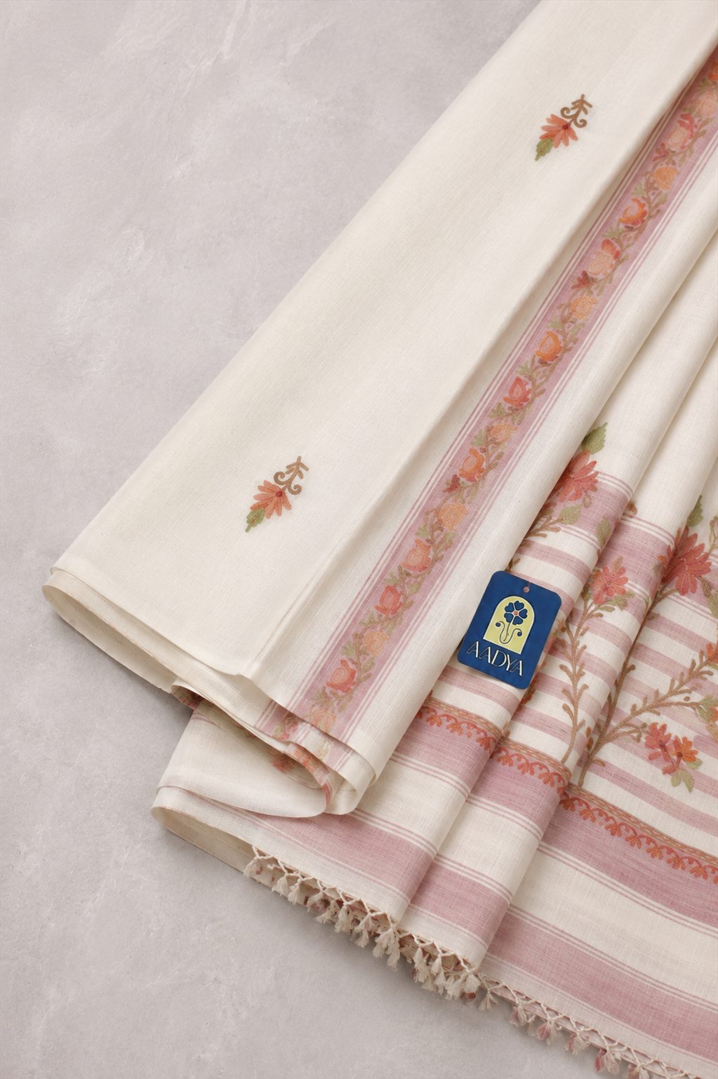Cream Khadi Cotton Saree with Floral Buttis & Light Pink Kashmir Work Border