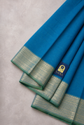 Aqua Blue Mangalgiri Sico Saree with Green Silver Zari Border & Striped Pallu