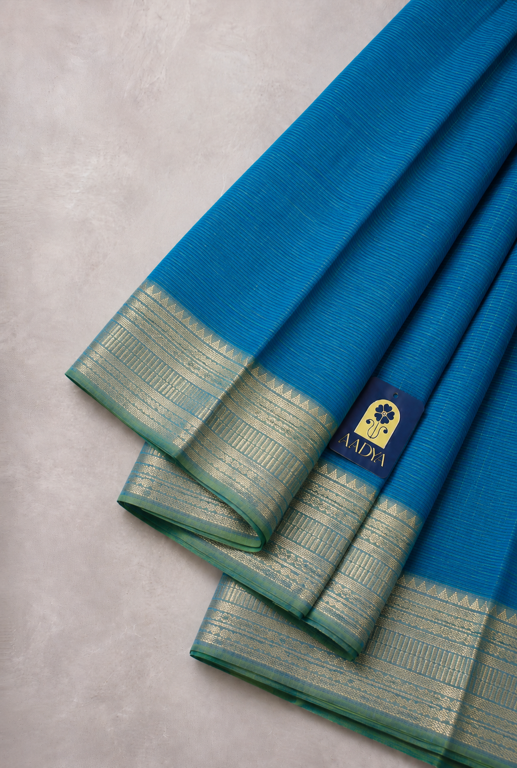 Aqua Blue Mangalgiri Sico Saree with Green Silver Zari Border & Striped Pallu