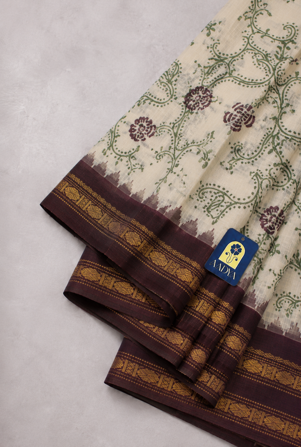White Gadwal Cotton Saree with Hand-Printed Floral Motifs & Maroon Zari Border
