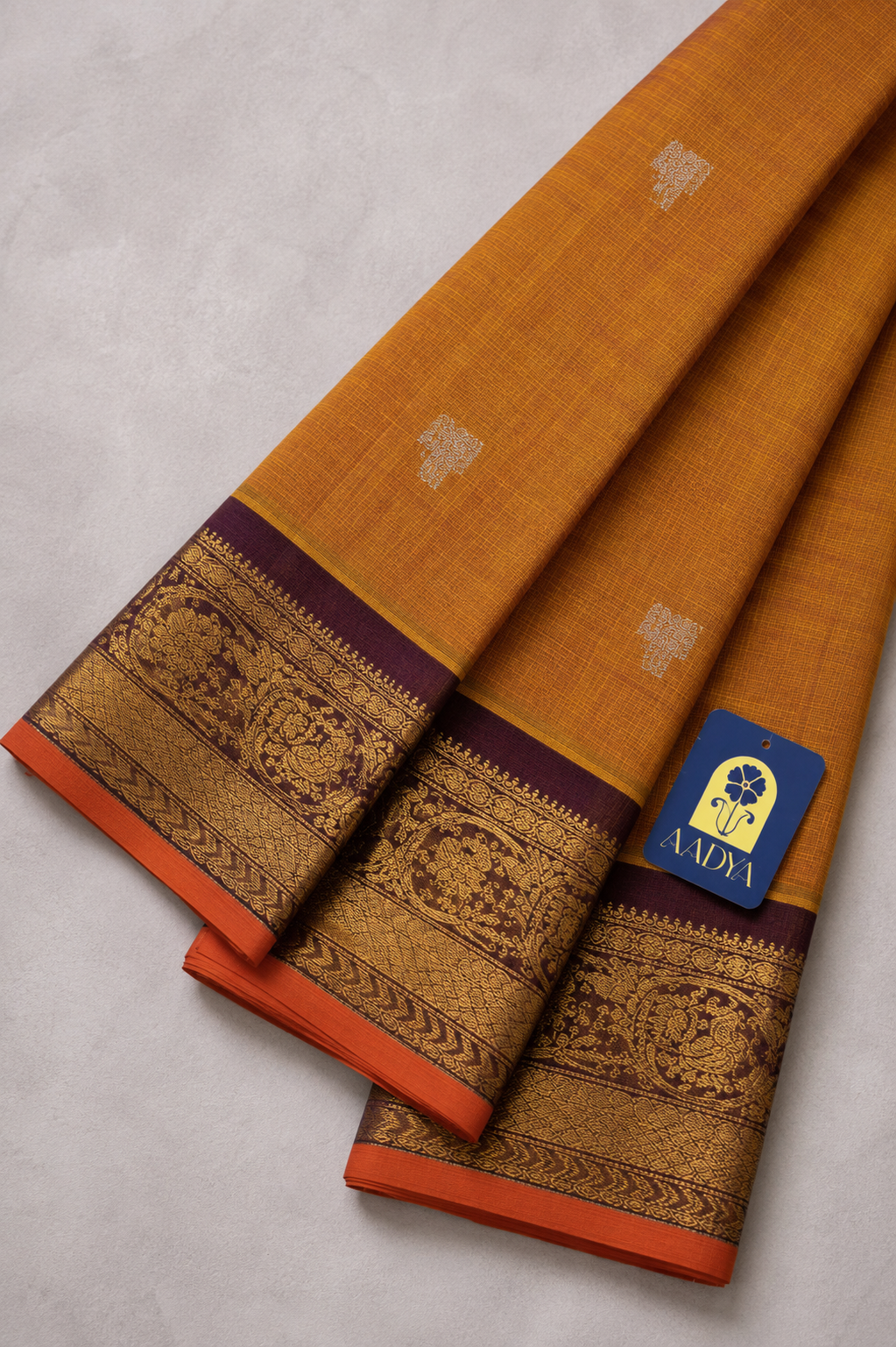 Orange Gadwal Sico Saree with Zari Lines, Peacock Zari Buttis & Maroon Zari Border