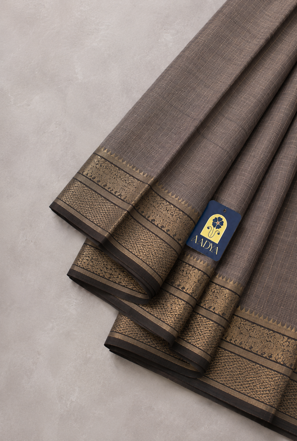 Grey Mangalgiri Sico Saree with Silver Zari Border & Striped Pallu