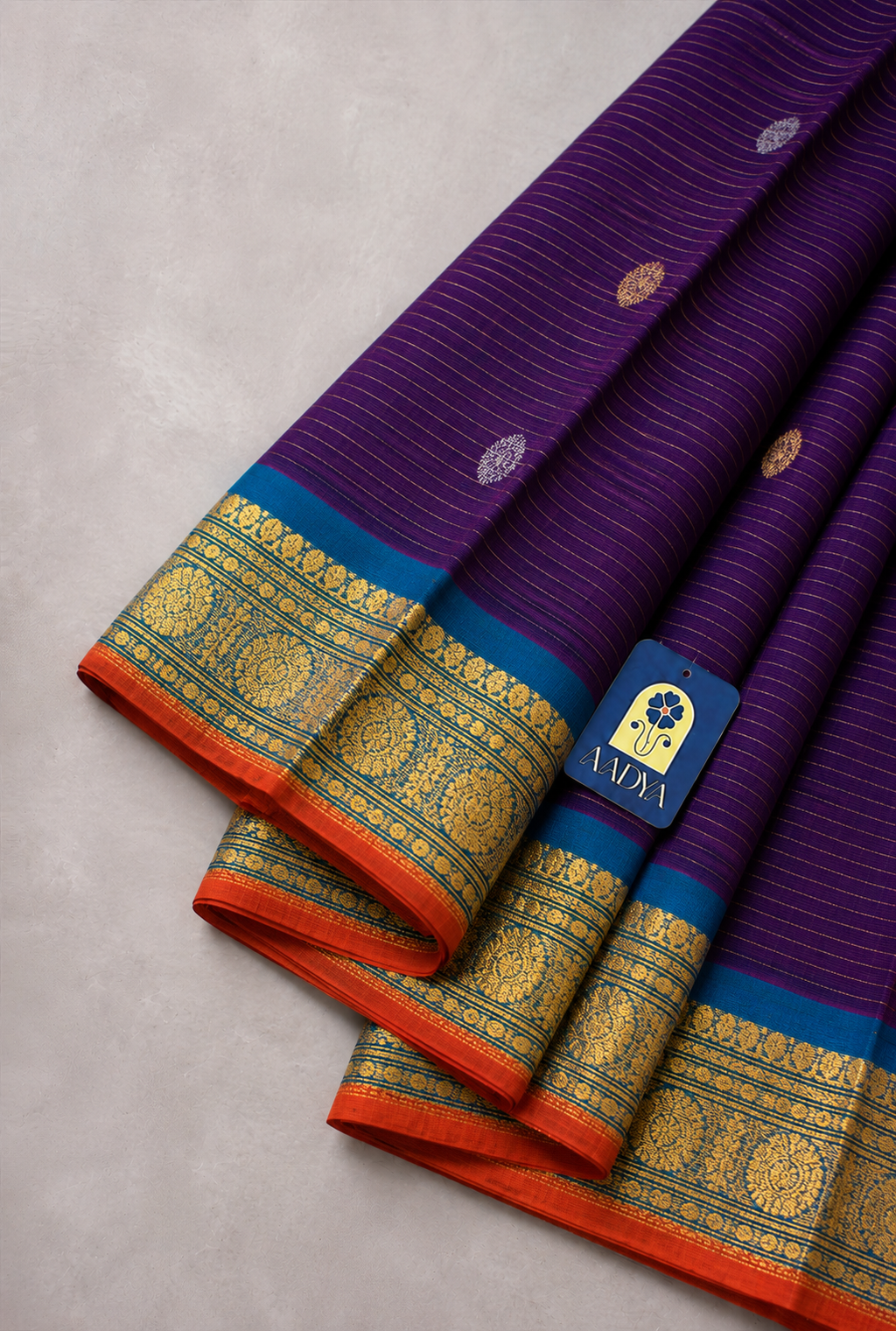 Purple Gadwal Sico Saree with Gold & Silver Round Buttis and Green Zari Border