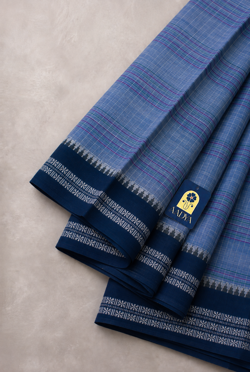 Powder Blue Narayanpet Cotton Saree with Navy Blue Geometric Border & Cream Pallu