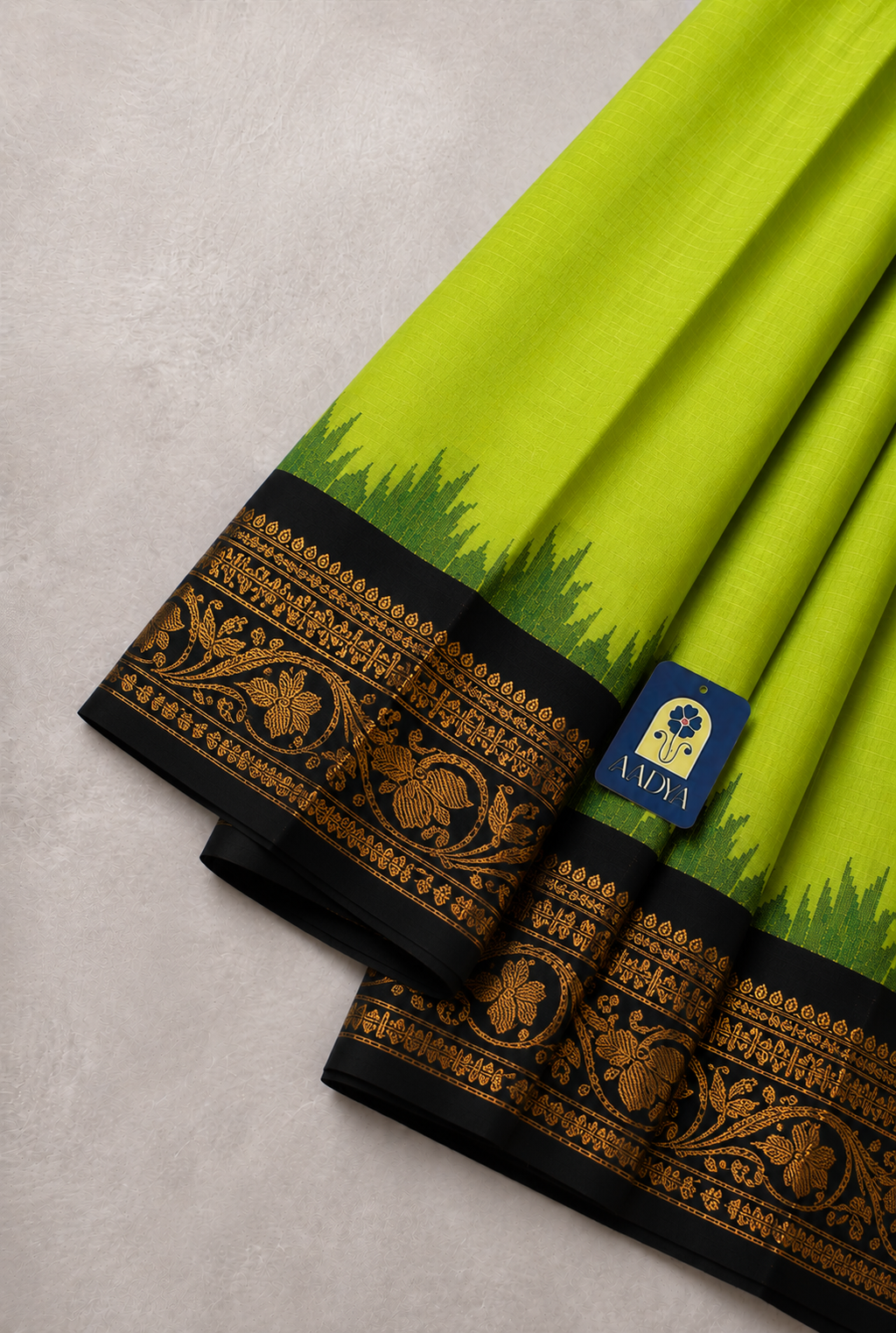 Green Gadwal Silk Saree with Flower Zari Buttis, Black & Pink Temple Border