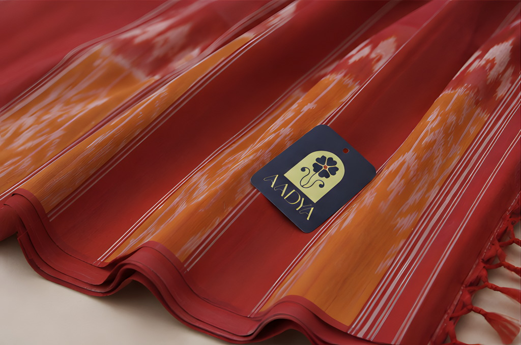 Mustard Yellow Ikat Cotton Saree with Red Mango Butti Border & Leaf Motifs